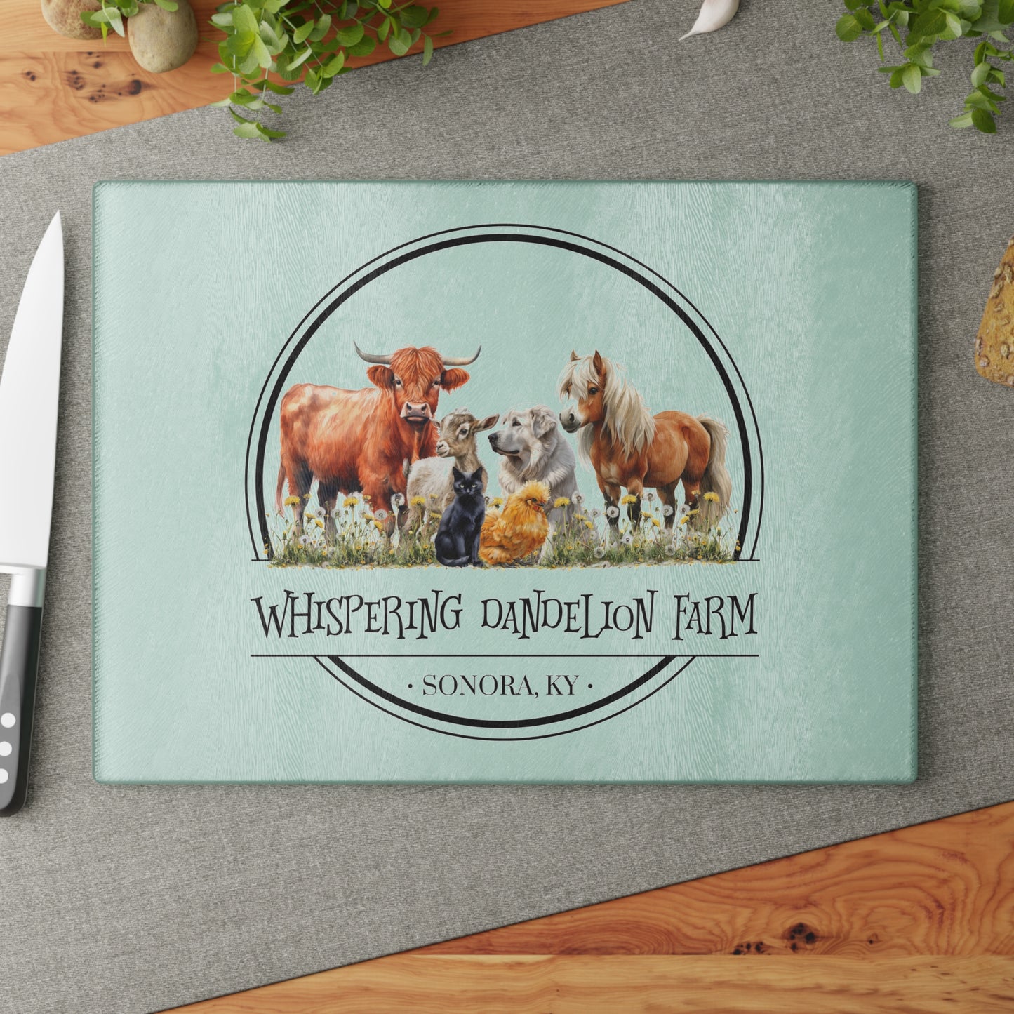 Whispering Dandelion Farm - Glass Cutting Board