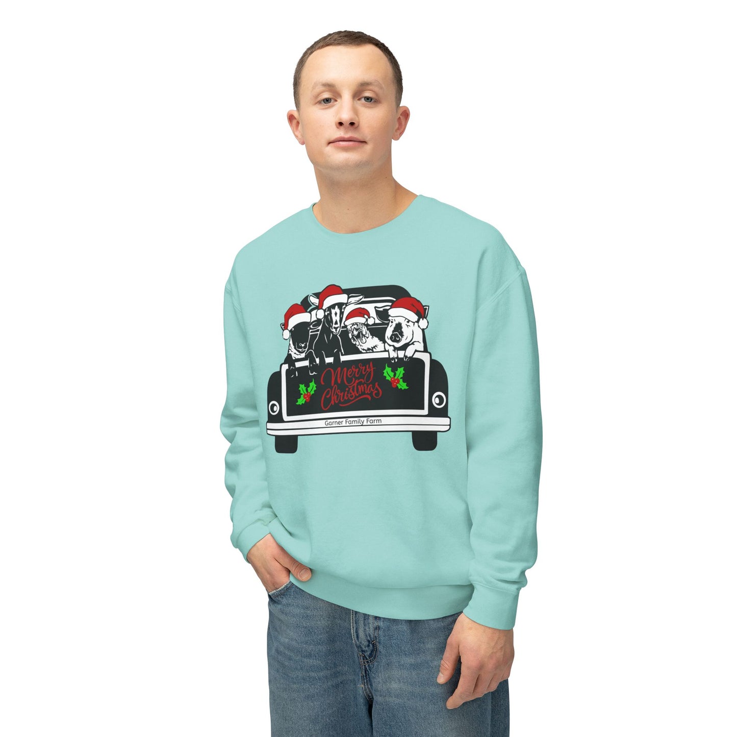 Christmas Farm Animals Truck - Unisex Lightweight Crewneck Sweatshirt