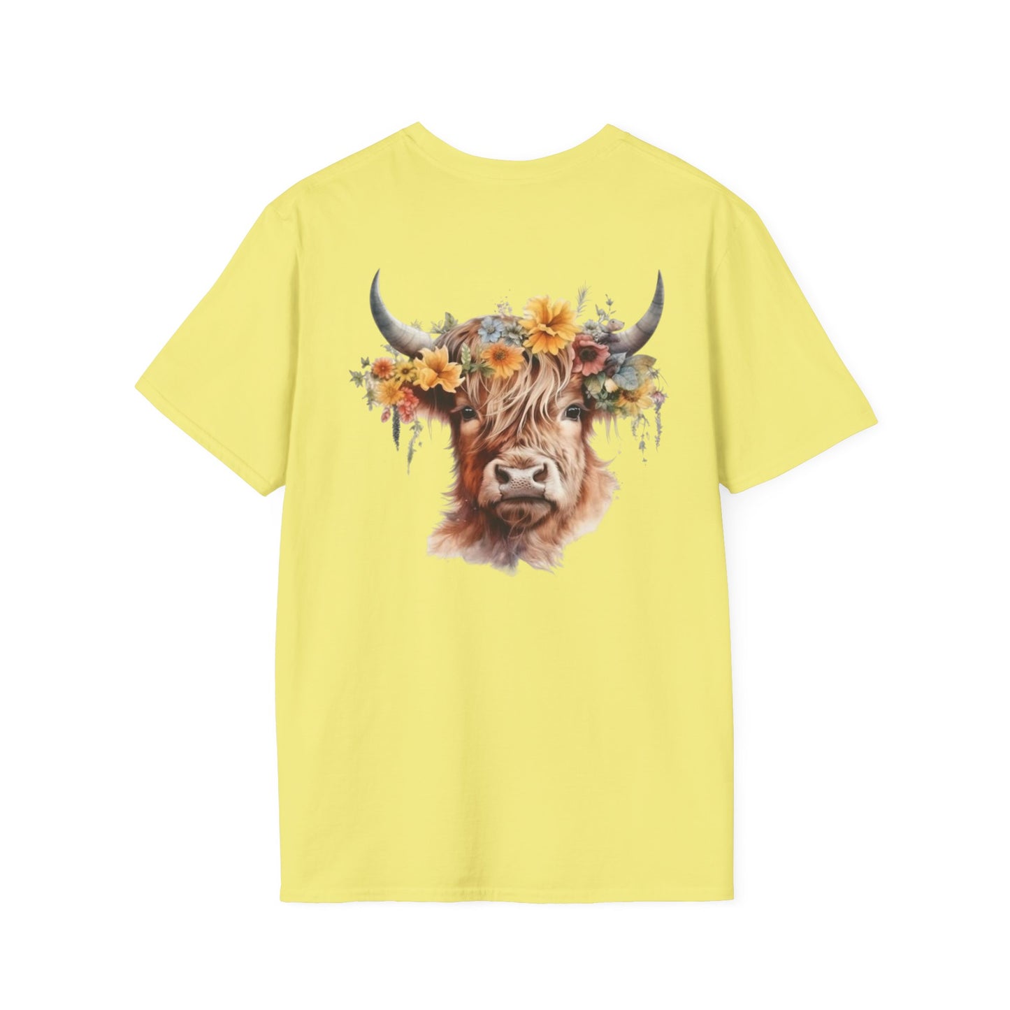 Highland Cow Whispering Dandelion - Unisex Softstyle T-Shirt