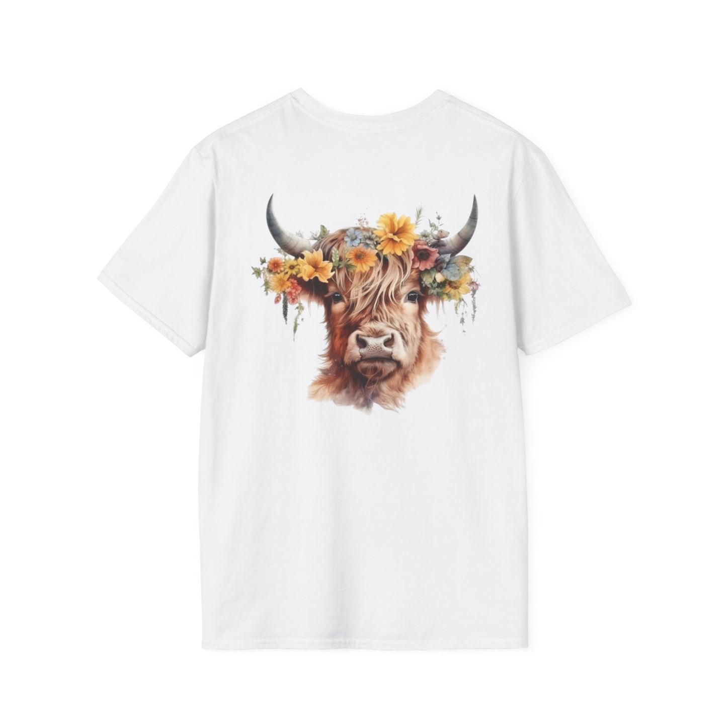 Highland Cow Whispering Dandelion - Unisex Softstyle T-Shirt