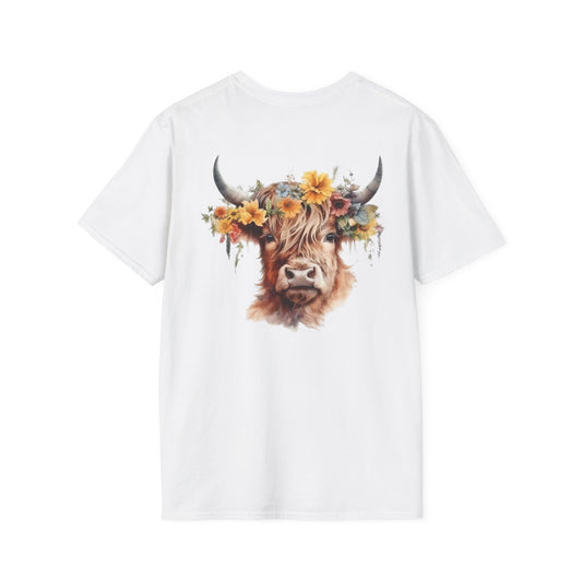 Highland Cow Whispering Dandelion - Unisex Softstyle T-Shirt