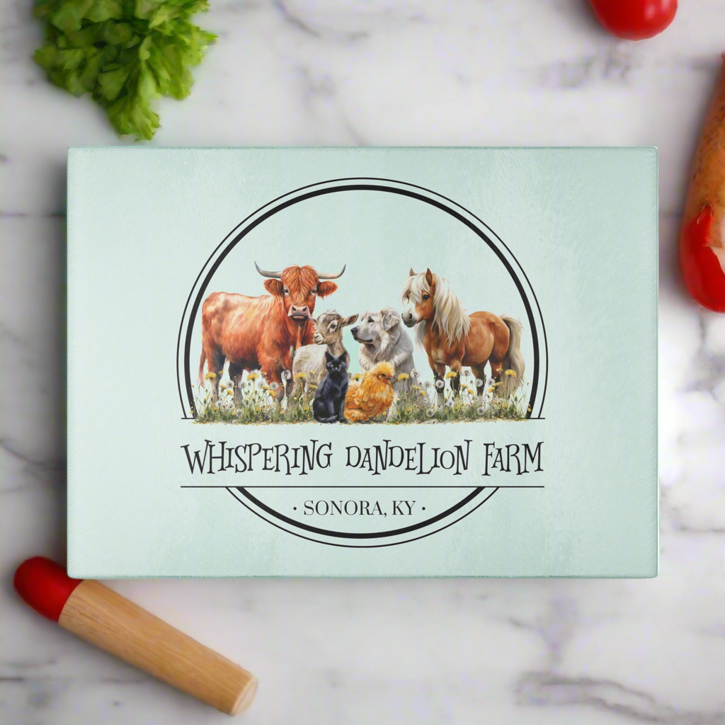 Whispering Dandelion Farm - Glass Cutting Board